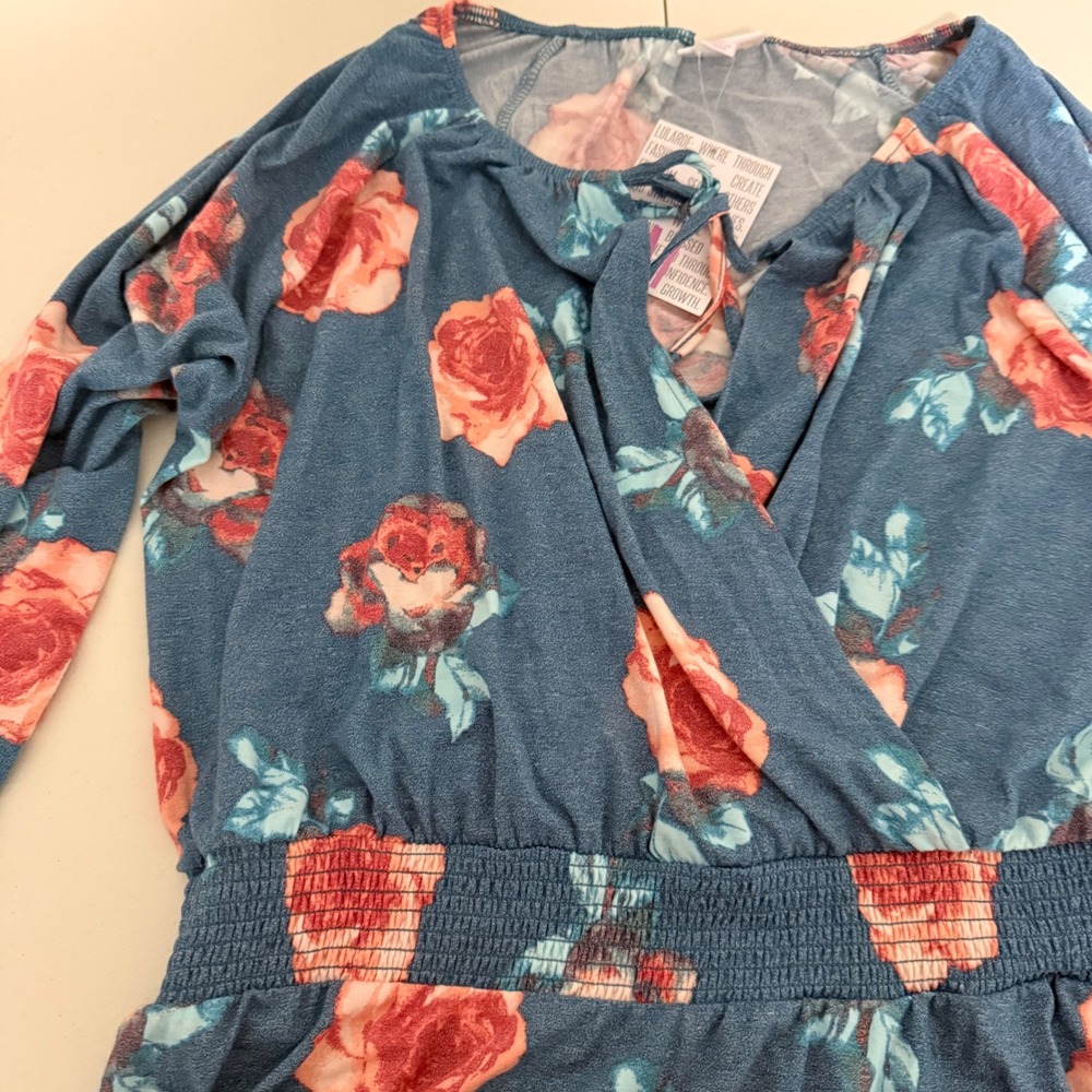 LuLaRoe Blue Floral Rose Long Sleeve Wrap Neck Smocked Waist Dress Medium NWT